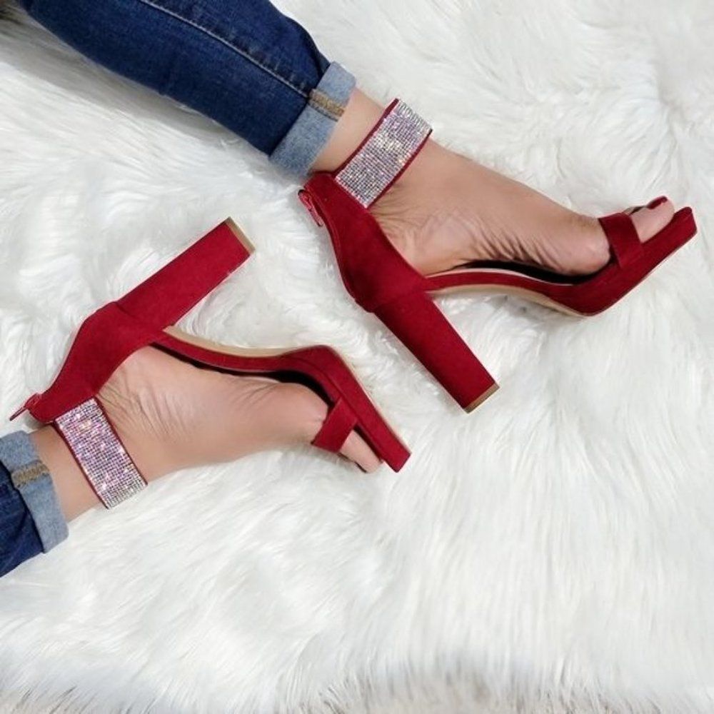 Women's Rhinestone Ankle Band Chunky High Heels Wine Color - Picture 5 of 7